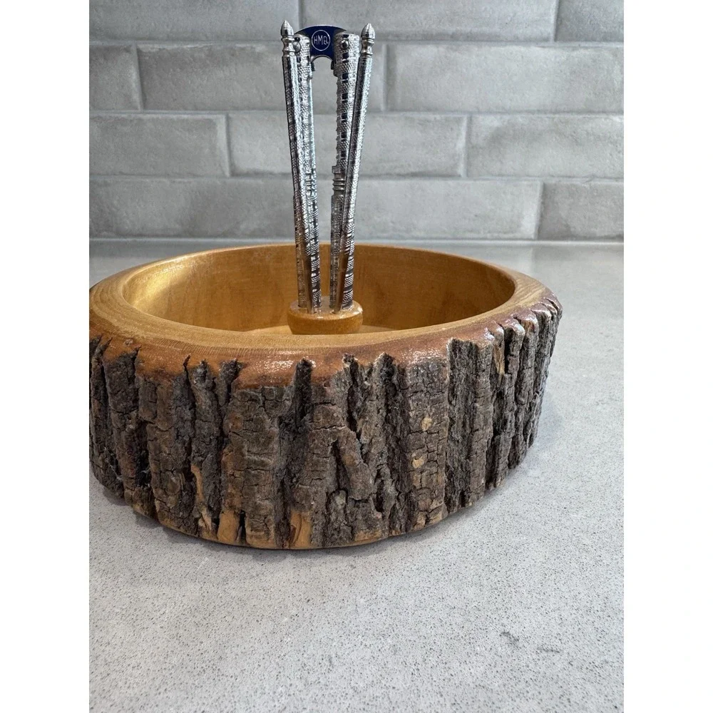 Ellwood Rusticware Vintage Wood Nut Bowl With Nutcracker And 4 Picks
